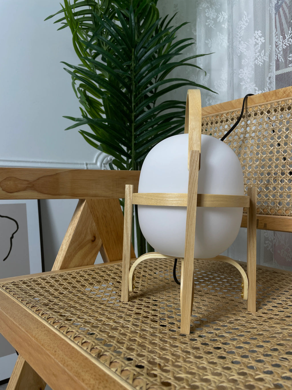 Portable Wood Lantern Glass Table Lamp