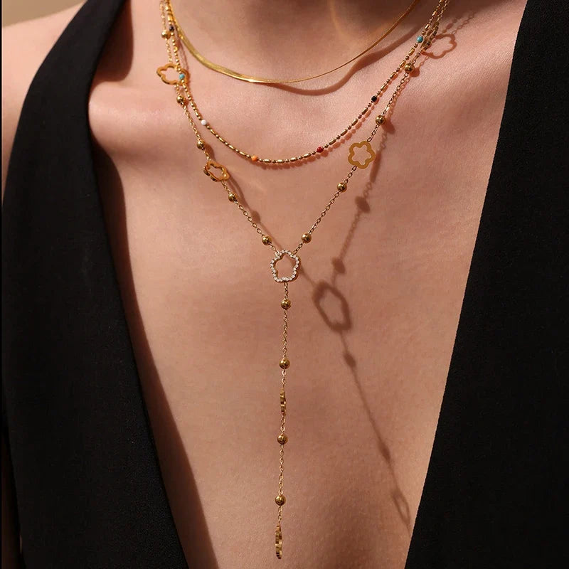 Premium Stainless Steel Long Necklace Trendy Pig Nose Style Y Shape Drop Pendant Waterproof Necklace for Women Girls Jewelry