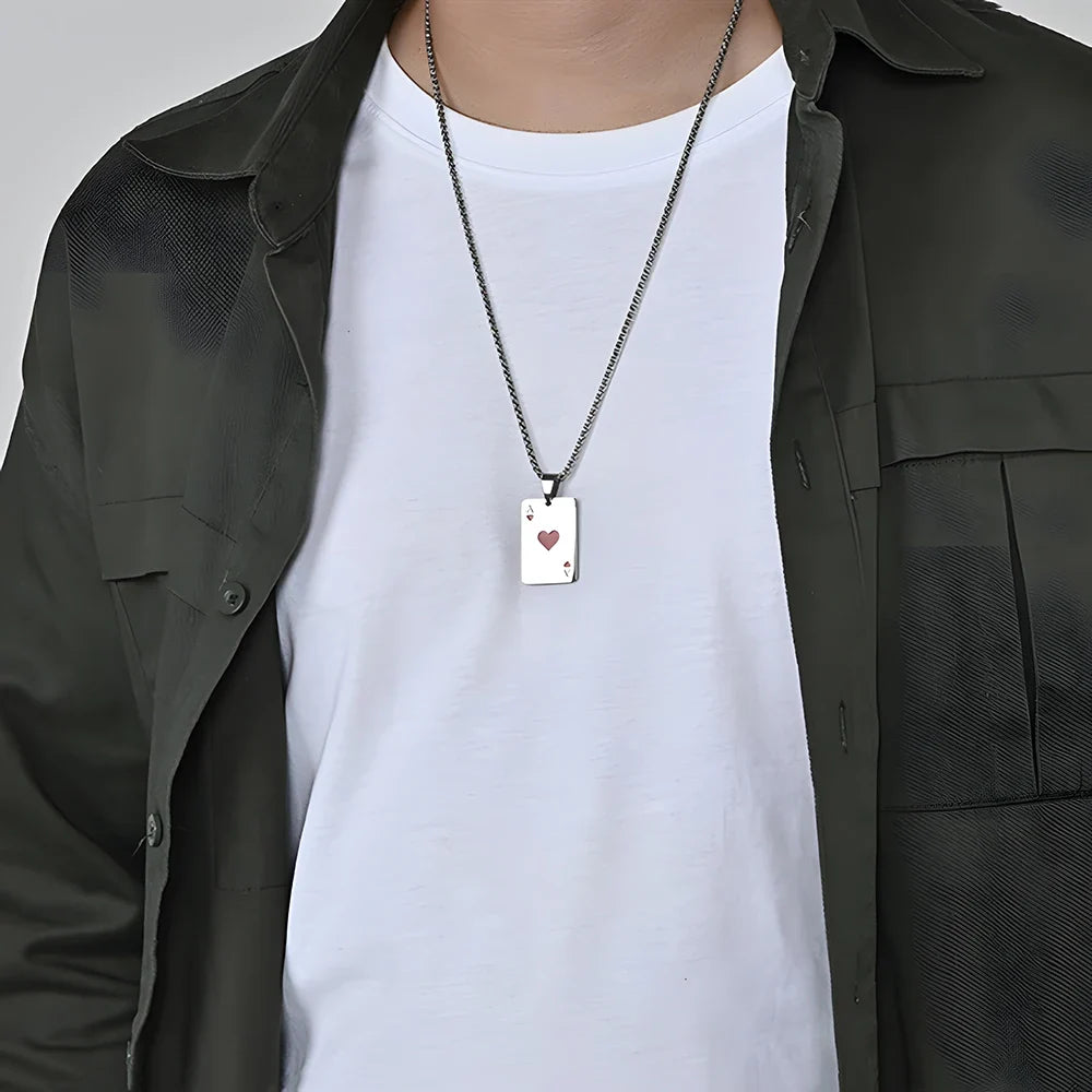 Hip Hop Stainless Steel Poker Card Ace of Spades Necklace For Men Pendant Chain Playing Cards Jewelry Ace of Hearts Necklaces