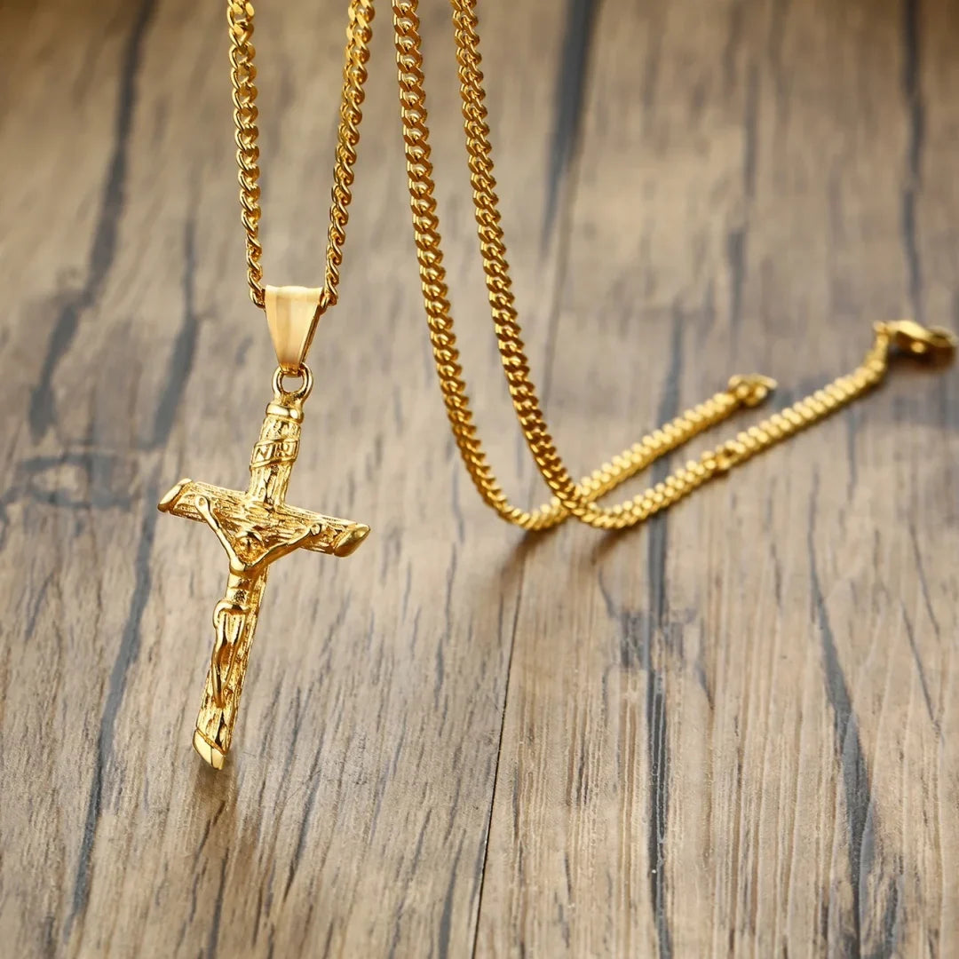 Stainless Steel Cross Necklace Catholicism Jesus Pendant Gold Color Collar Church Prayer Faith Jewelry for Men Women Gift