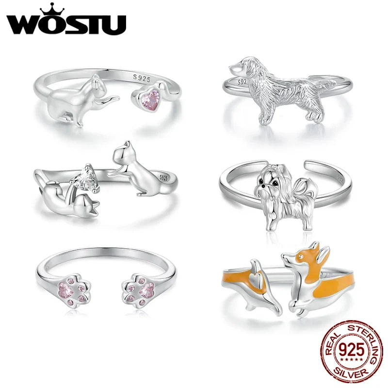 WOSTU 925 Sterling Silver Cat Pet Adjustable Rings For Women Animal Dog Open Ring Family Daughter Birthday Jewelry Girl Gift
