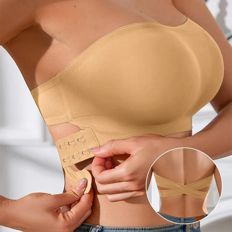 Women's Sexy Strapless Push Up Bra Removable Padded Seamless Ice Silk Top Women Invisible Beauty Back Anti-slip Off-shoulder Bra
