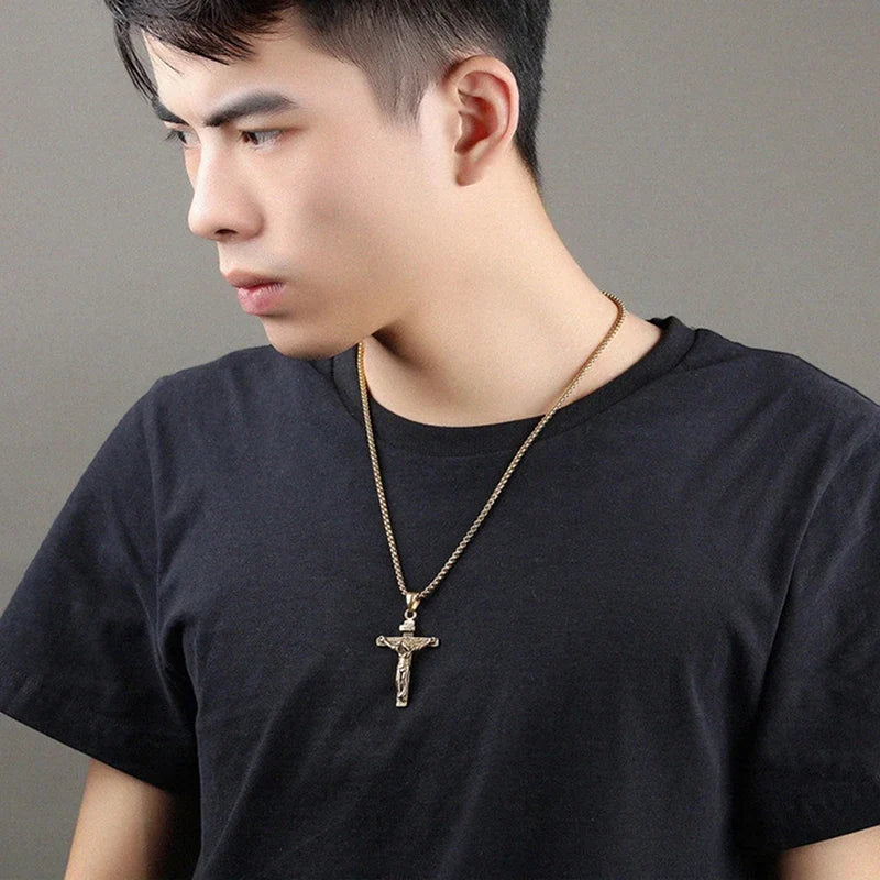 Religious Jesus Cross Stainless Steel Necklace For Men Fashion Gold Silver Color Cross Pendent With Chain Necklace Jewelry Gift