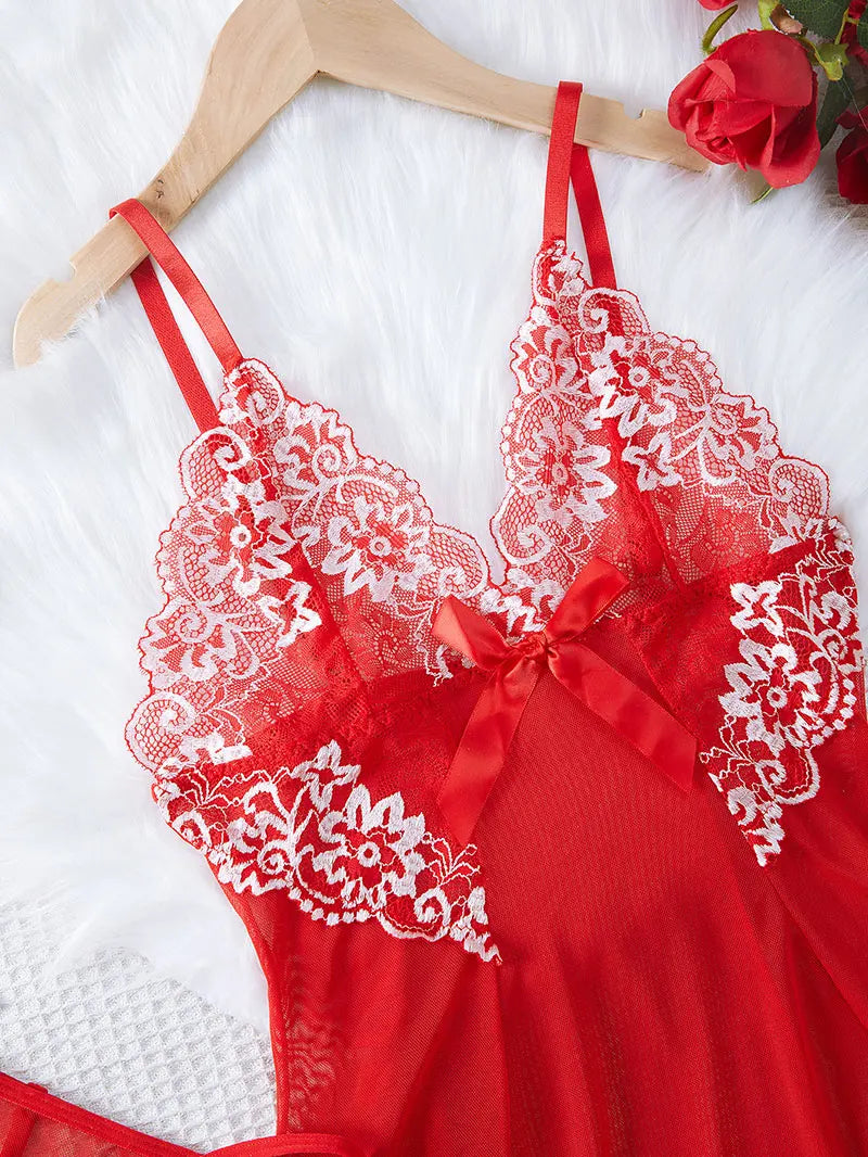 Transparent Thin Style G-string Lace Ruffle Trim Lingerie Set Women Nightgowns Sleeveless Sleepwear Sexy V-Neck Bra Panty Sets