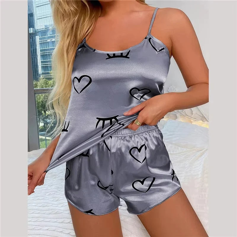 Women Ice Silk Pajamas Sleepwear Pajama Set Camisole Shorts L XL XXL Gray Pink Low Cut Comfortable Casual Summer