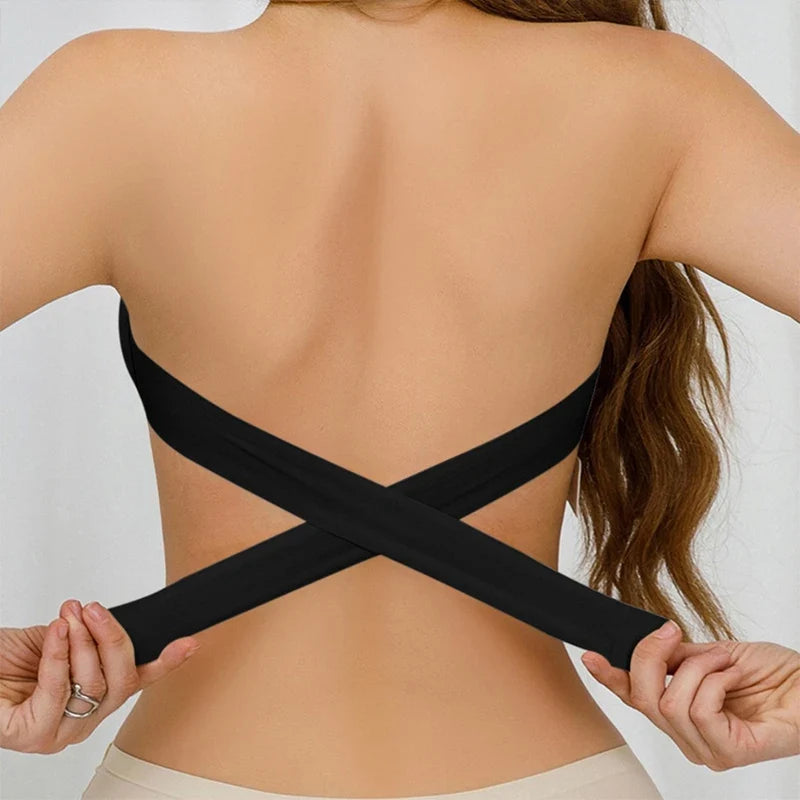 Women's Sexy Strapless Push Up Bra Removable Padded Seamless Ice Silk Top Women Invisible Beauty Back Anti-slip Off-shoulder Bra