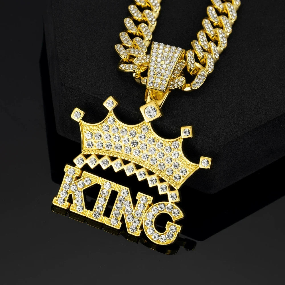 Men Hip Hop Crown with King Pendant Necklace with 13mm Crystal Cuban Chain HipHop Iced Out Bling Necklaces Fashion Charm Jewelry