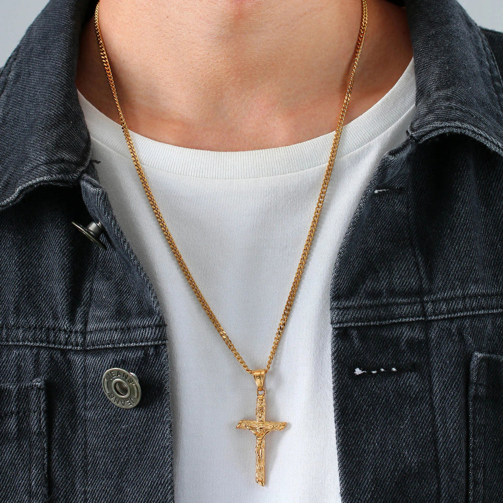 Stainless Steel Cross Necklace Catholicism Jesus Pendant Gold Color Collar Church Prayer Faith Jewelry for Men Women Gift