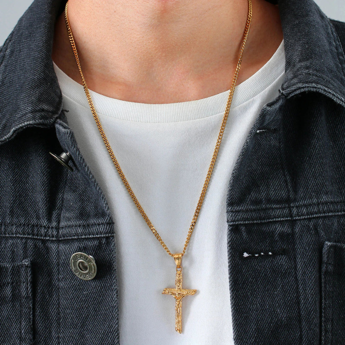 Stainless Steel Cross Necklace Catholicism Jesus Pendant Gold Color Collar Church Prayer Faith Jewelry for Men Women Gift