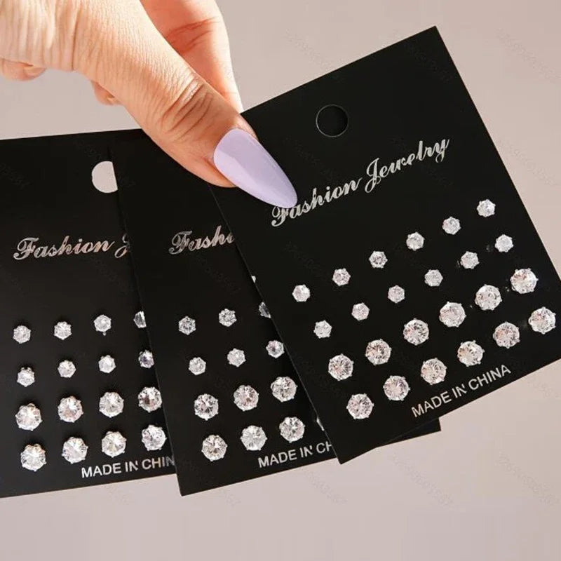 Maximum 36 Pairs Shiny Zircon Stud Earrings Set for Women Men Daily Versatile Chic Silver Color Crystal Ear Jewelry Accessories