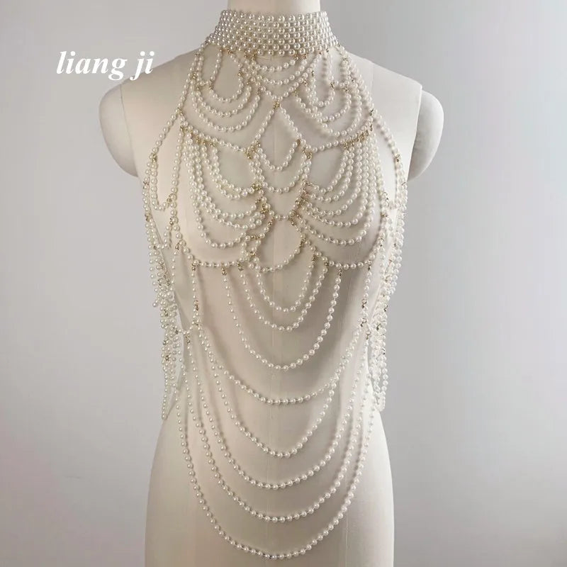 Sexy Accessories Women Bikini Pearl Chest chain Body Chain Jewelry Totally Hand-made Bra Fringed For Beach Nightclub Waist Chain
