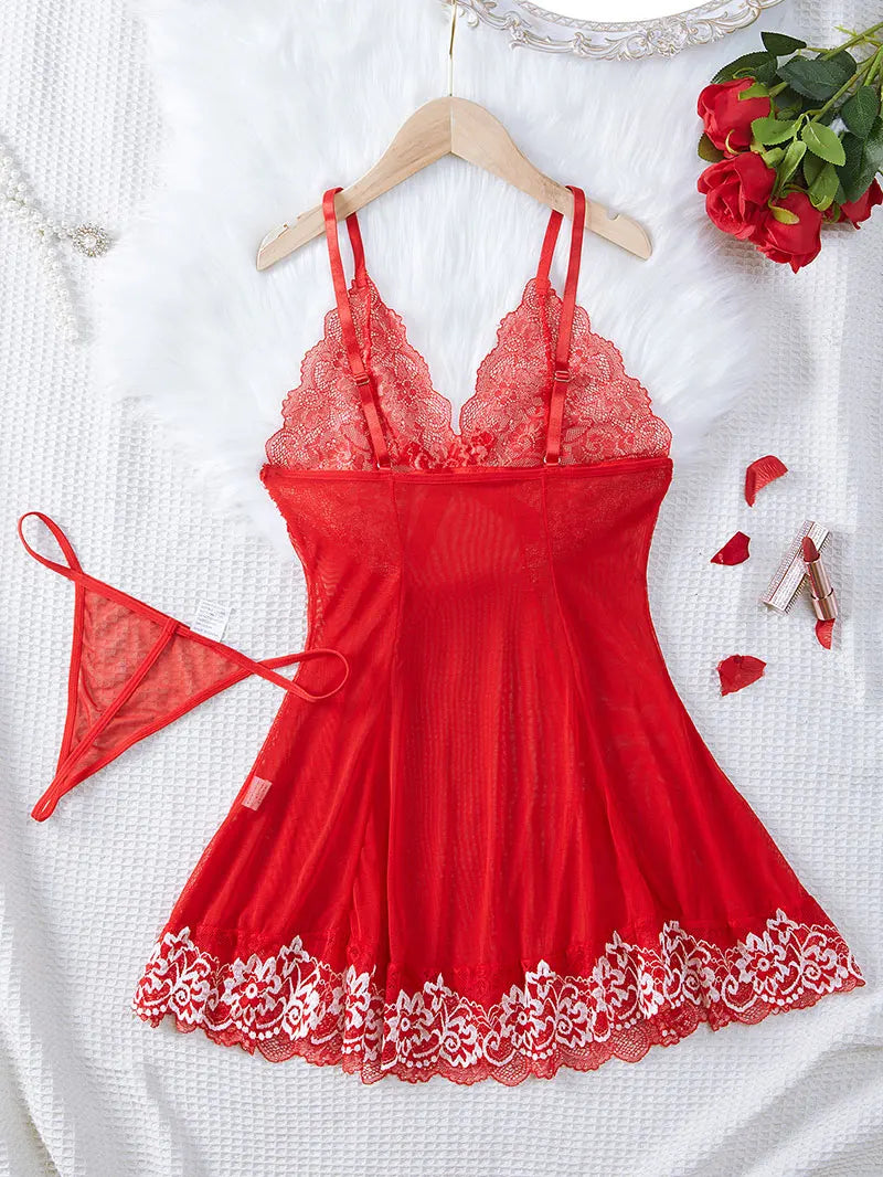 Transparent Thin Style G-string Lace Ruffle Trim Lingerie Set Women Nightgowns Sleeveless Sleepwear Sexy V-Neck Bra Panty Sets