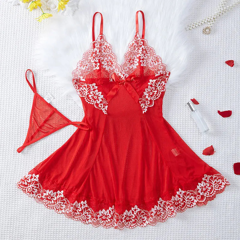Transparent Thin Style G-string Lace Ruffle Trim Lingerie Set Women Nightgowns Sleeveless Sleepwear Sexy V-Neck Bra Panty Sets