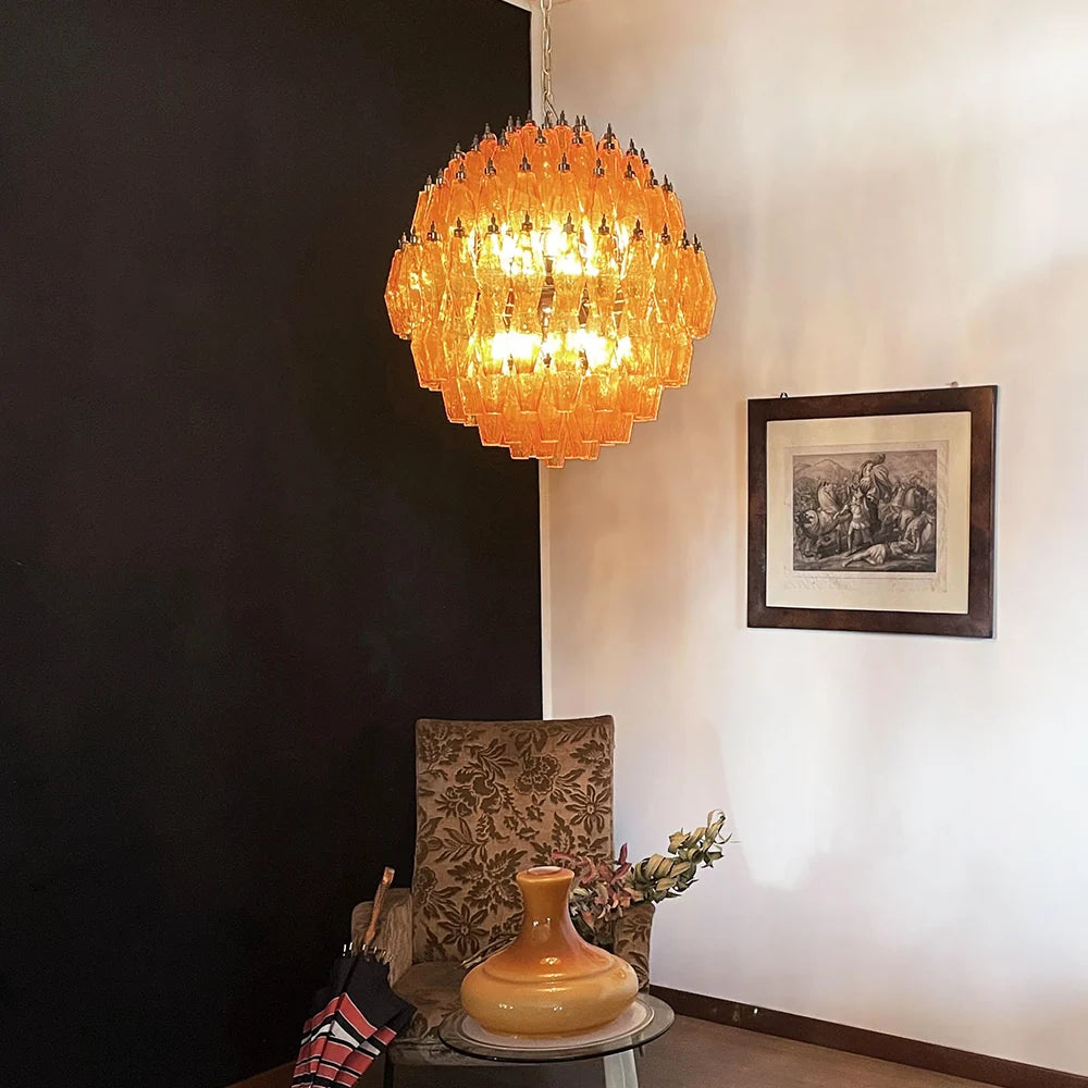Spherical Murano Poliedri Amber Glass Chandelier