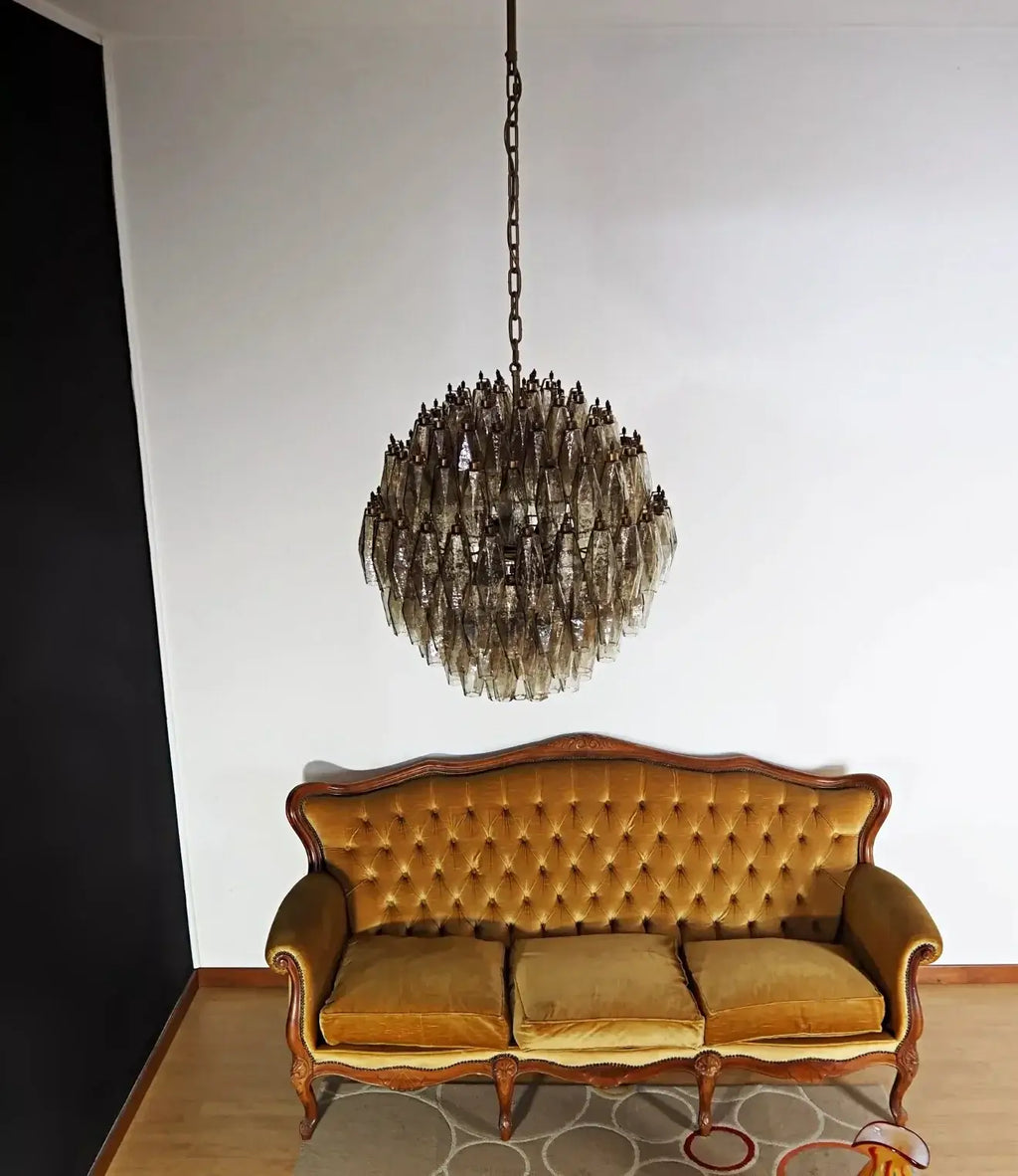 Spherical Murano Poliedri Smoked Glass Chandelier
