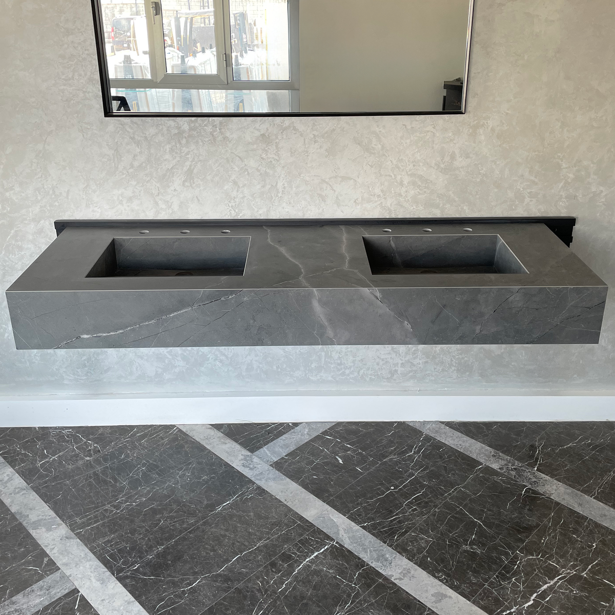 Armani Grey Engineered Porcelain Double Sink Handcrafted with Modern Marble Aesthetics