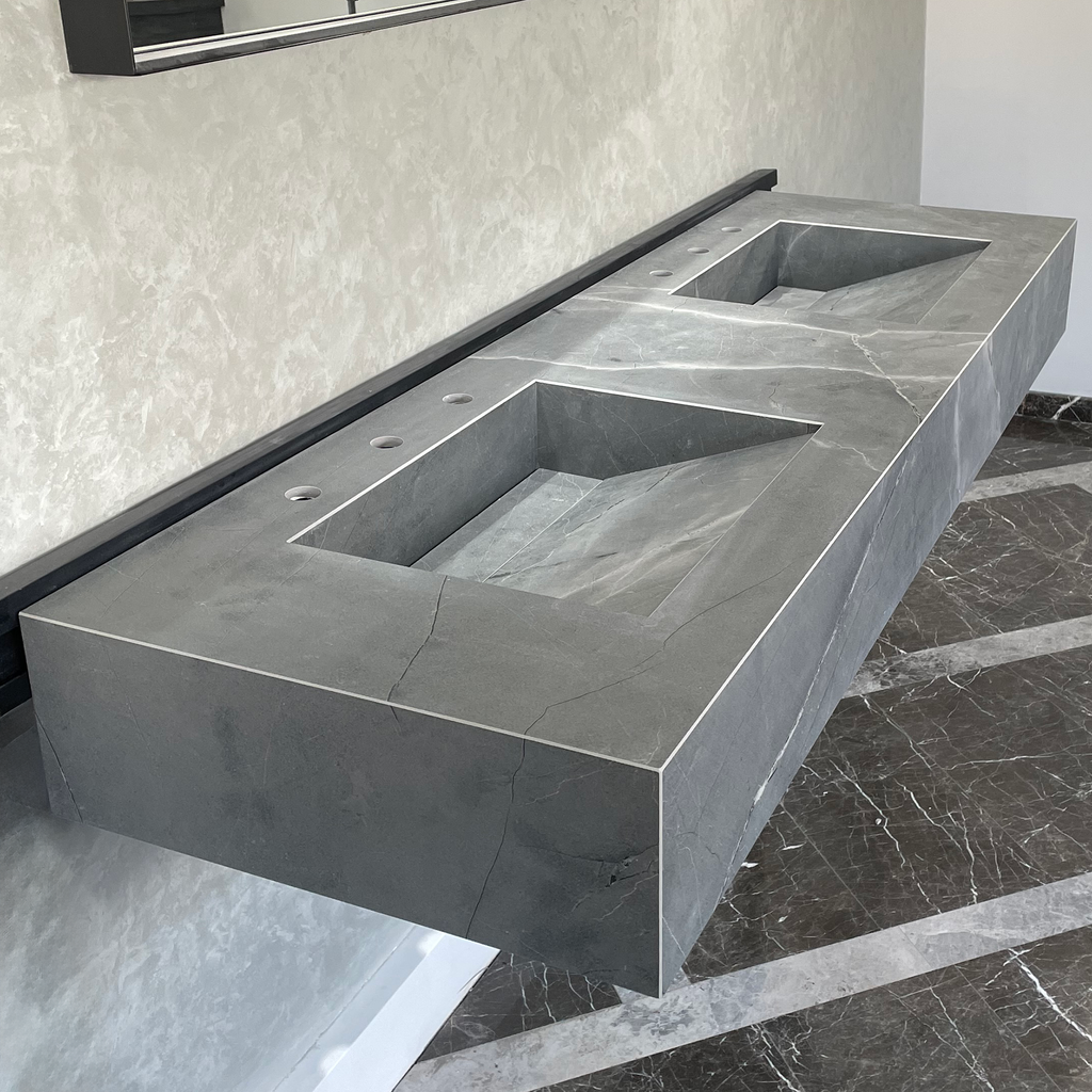 Armani Grey Engineered Porcelain Double Sink Handcrafted with Modern Marble Aesthetics