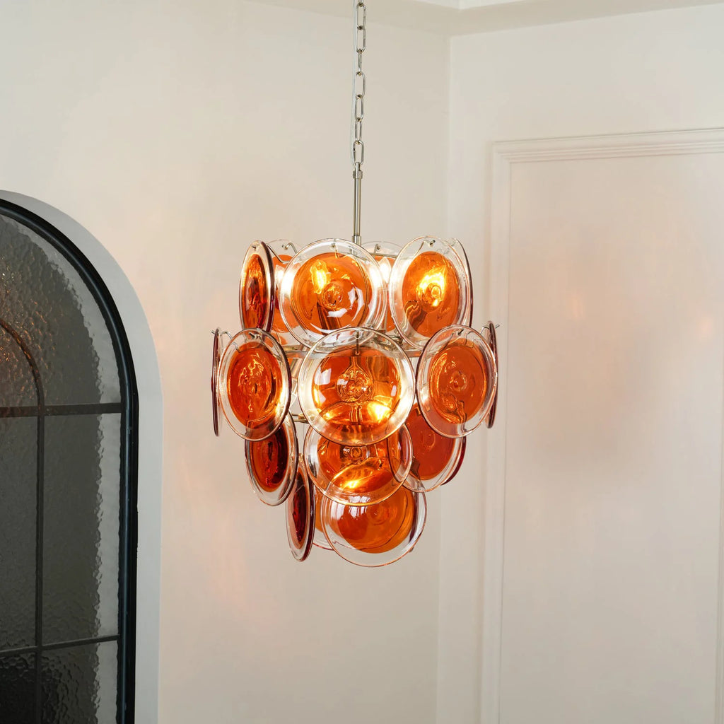 Vintage Murano Orange Transparent Disc Chandelier