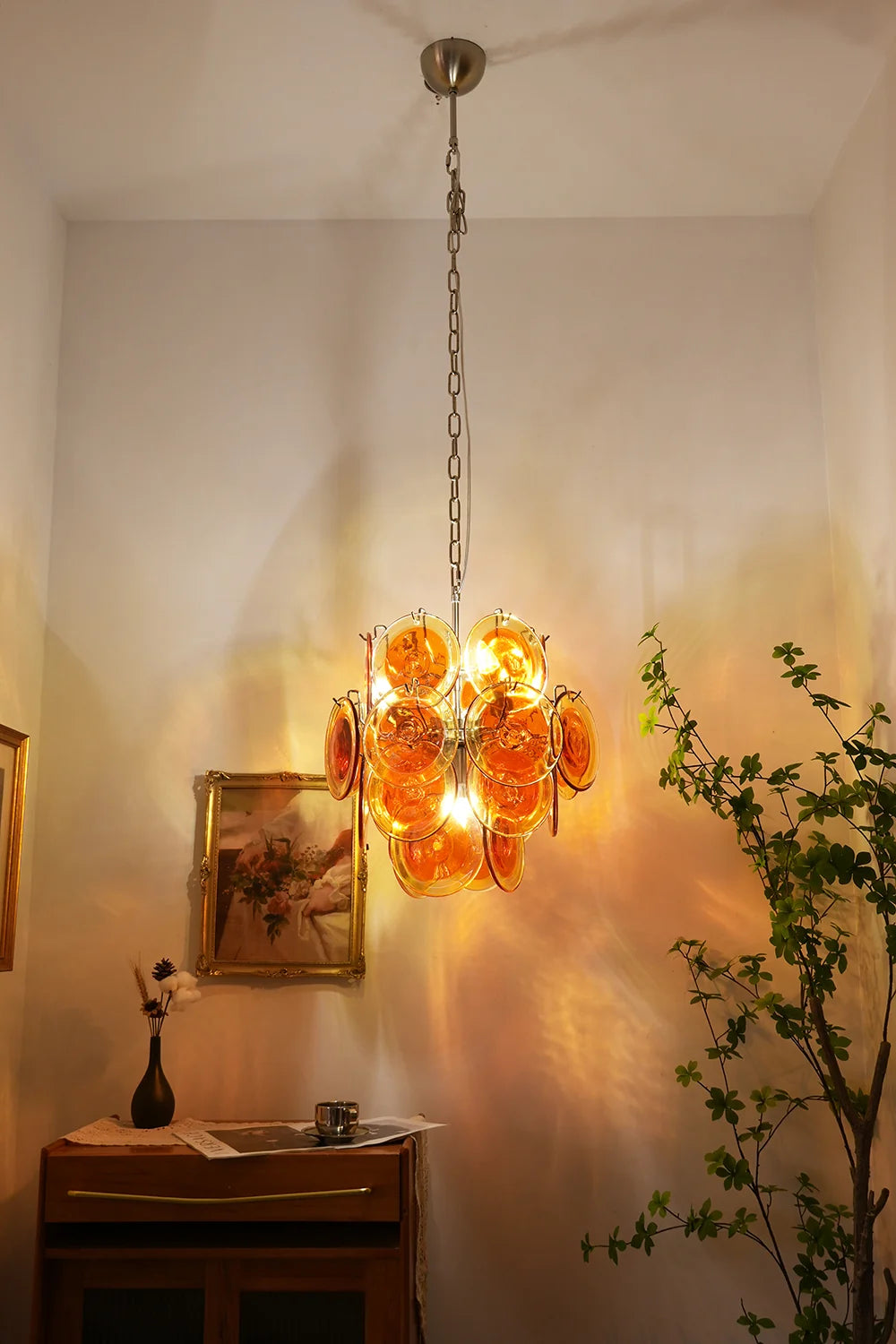 Vintage Murano Orange Transparent Disc Chandelier