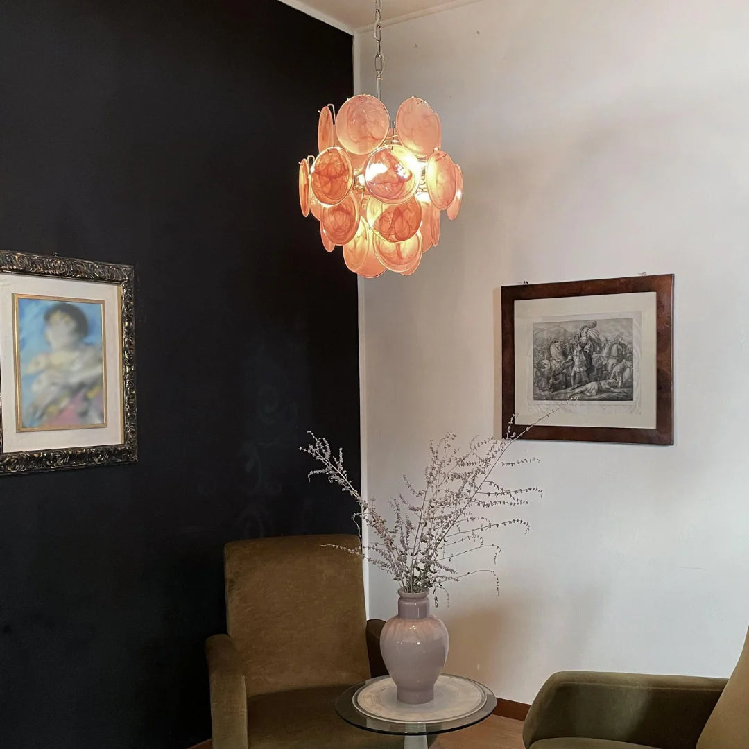 Vintage Murano Pink Glass Disks Chandelier
