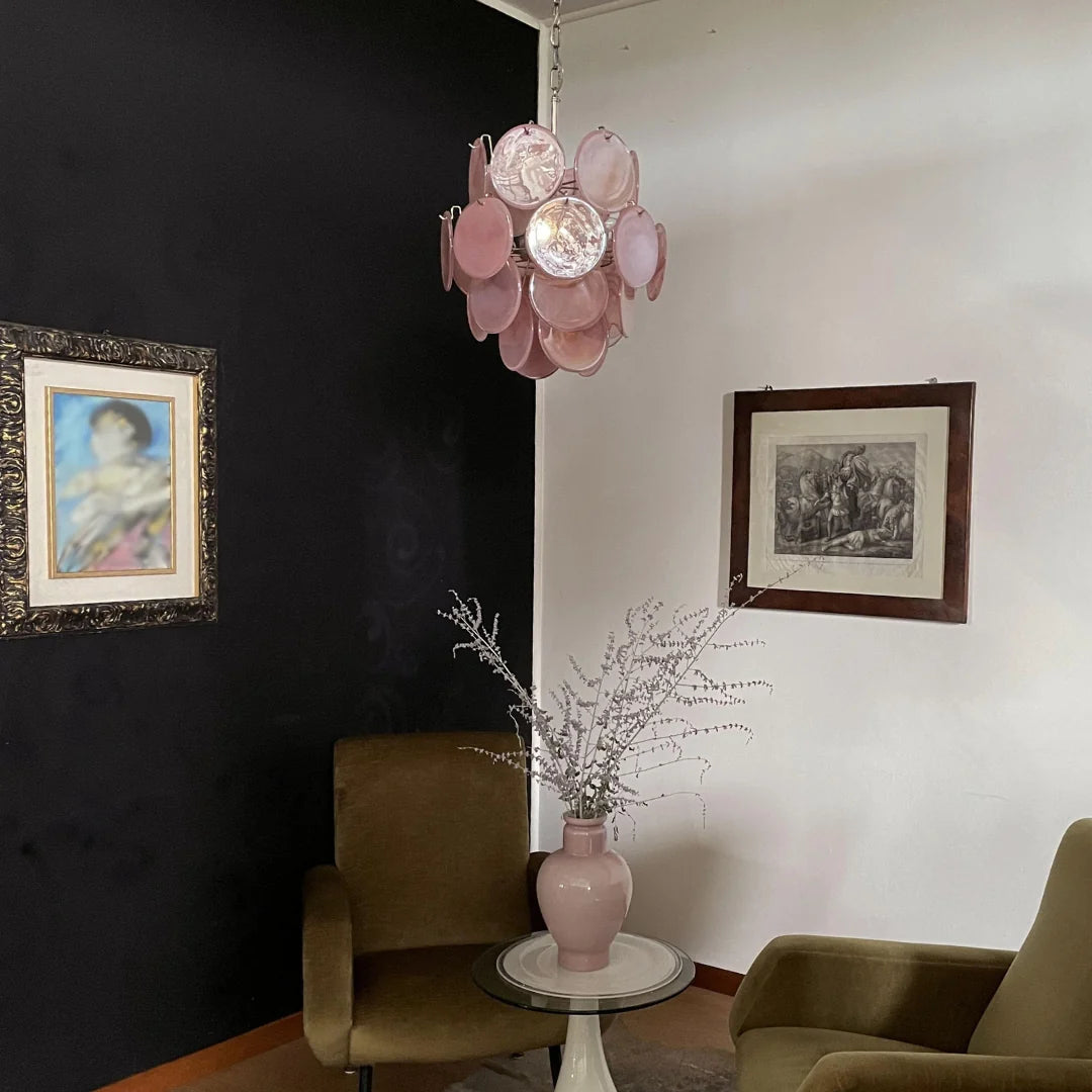Vintage Murano Pink Glass Disks Chandelier