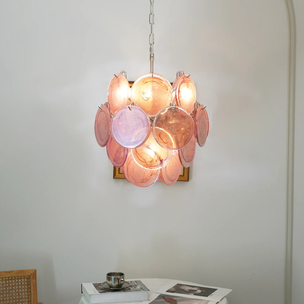 Vintage Murano Pink Glass Disks Chandelier