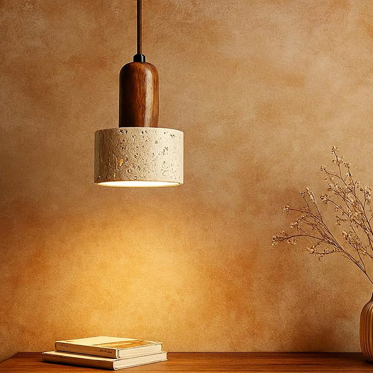 Vintage Round Travertine Wood Pendant Light