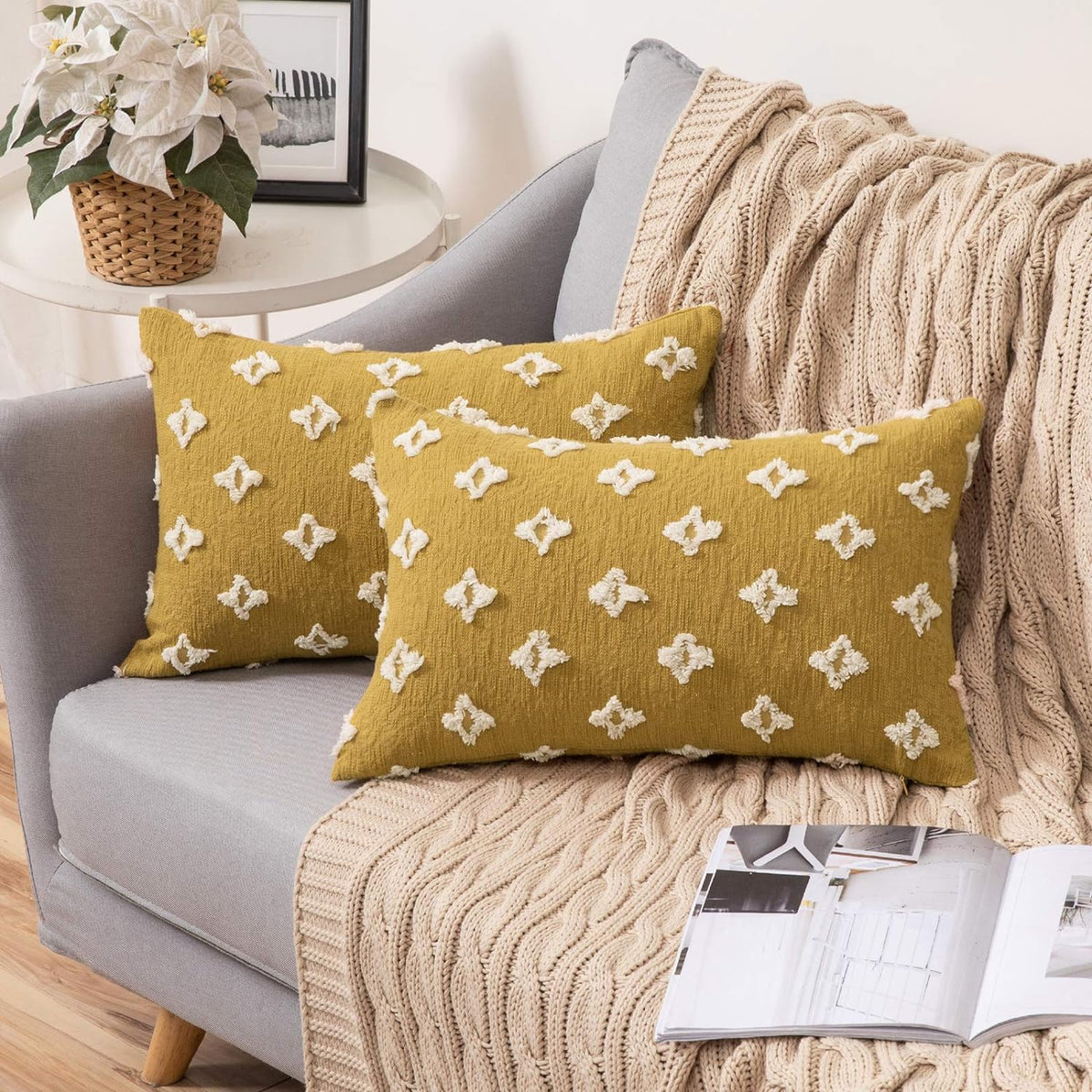 12''x20'' tufted floral lumbar support 100% cotton throw pillow | 7 colors textured daisy stitch design | boho chic lumbar & accent pillow | insert included