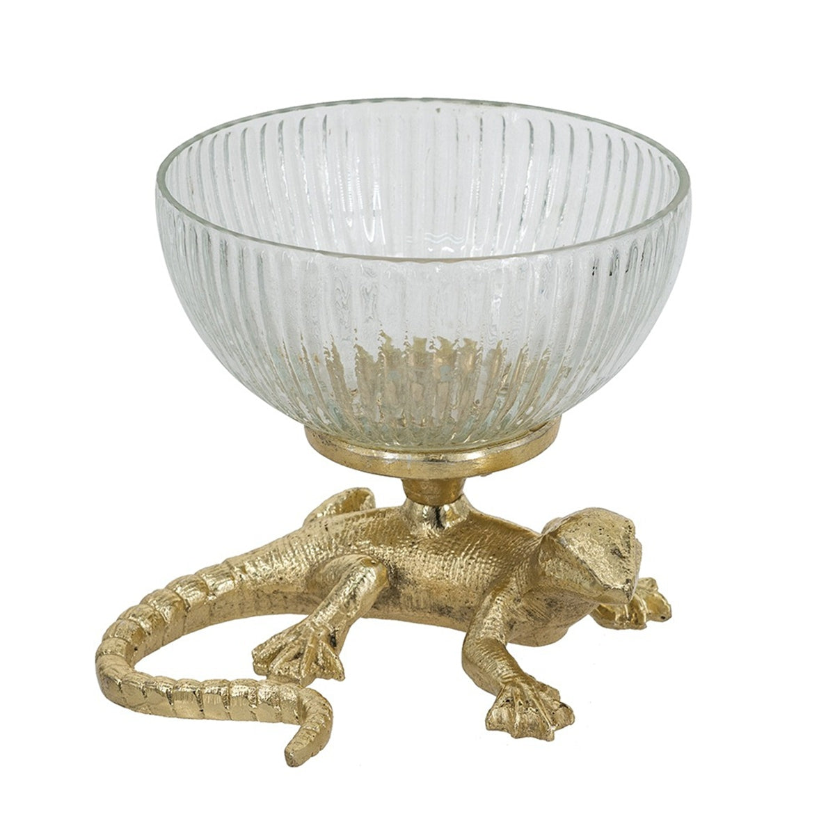 5x5x4.5' Gold Lizard Pedestal Bowl with Ribbed Glass Dish