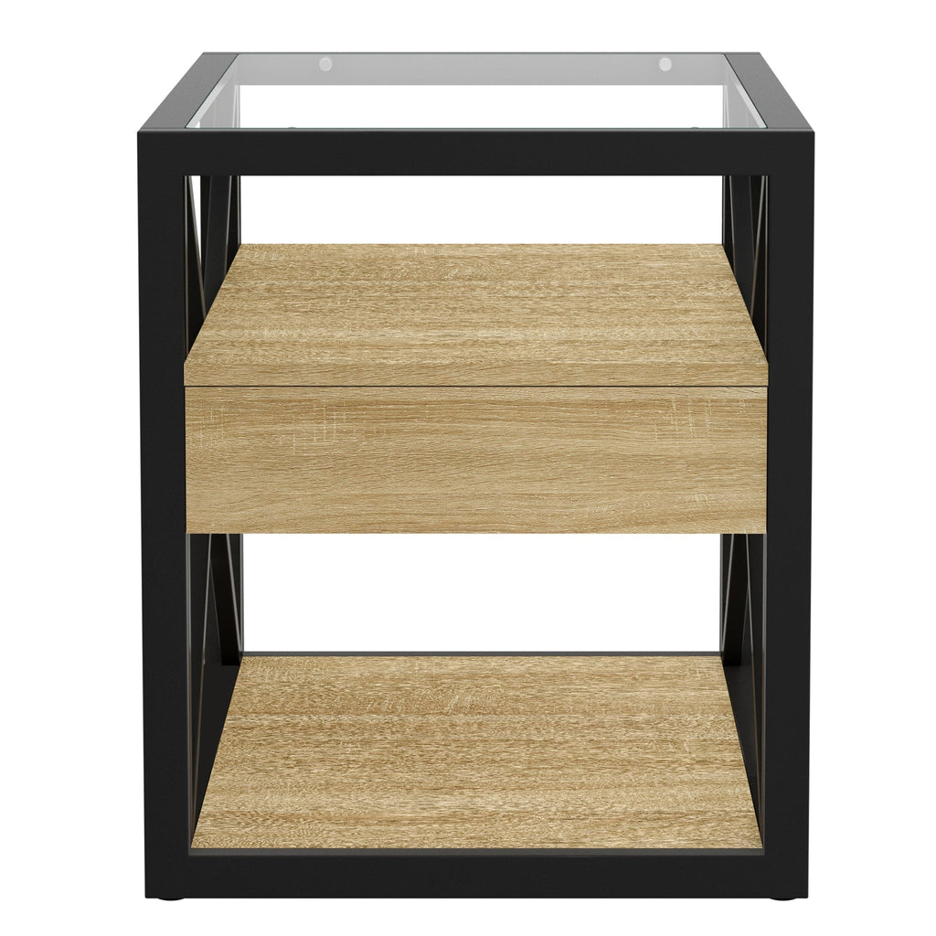 1 Piece Modern End Table with Drawer - Natural Wood & Tempered Glass