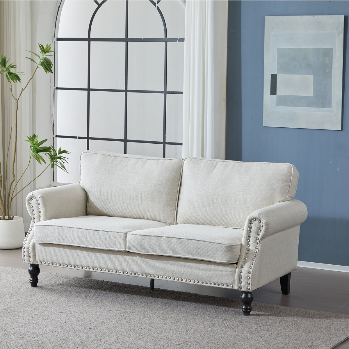 68 Inch Faux Leather Rolled Arm Sofa with Nailhead Trim