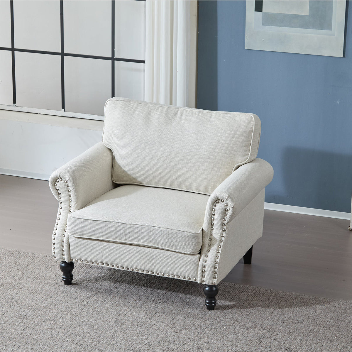 40.16 in Faux Leather Rolled Arm Sofa with Nailhead Trim Beige