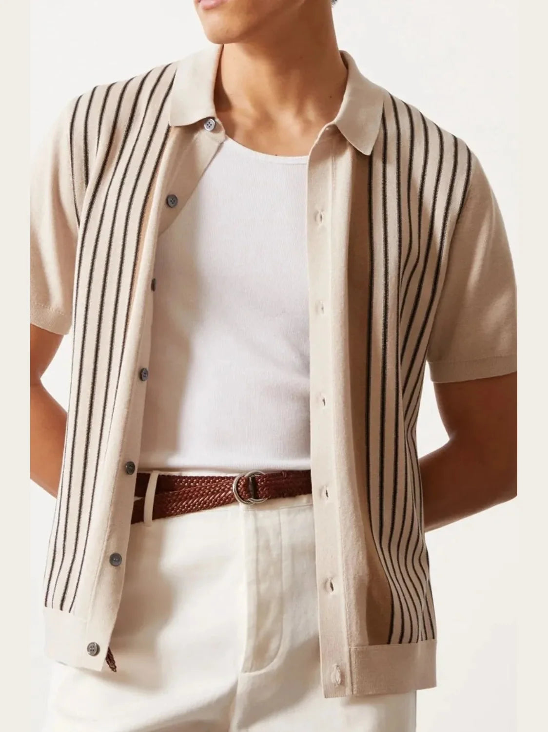 Men's Full Size Striped Button-Up Short Sleeve Shirt
