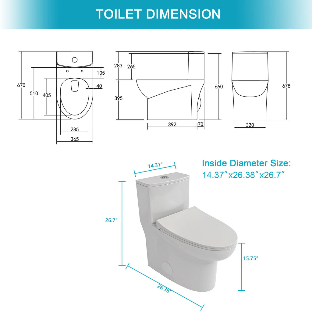 Modern 1 Piece Toilet with Dual Flush and Soft Closing Seat - White