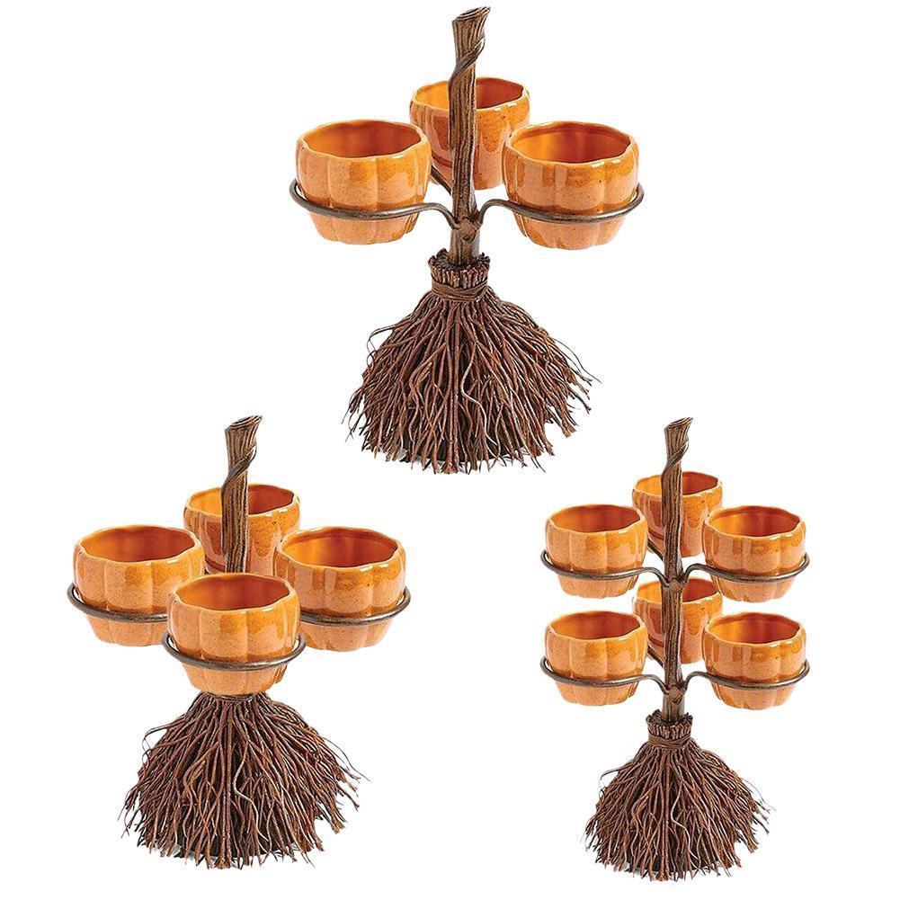 Halloween Broom Pumpkin Snack Bowl Rack Decor