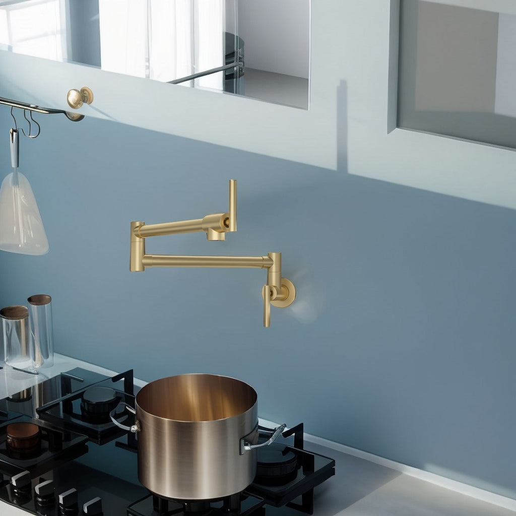 Modern Wall Mount Pot Filler Faucet with Folding Stretchable Spout - Gold or Black
