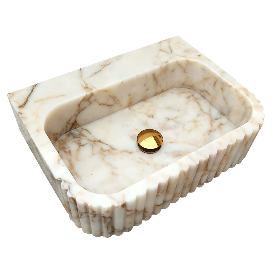Calacatta Gold Marble Wall Mount Bathroom Vanity Sink Fluted Design 16x20x6