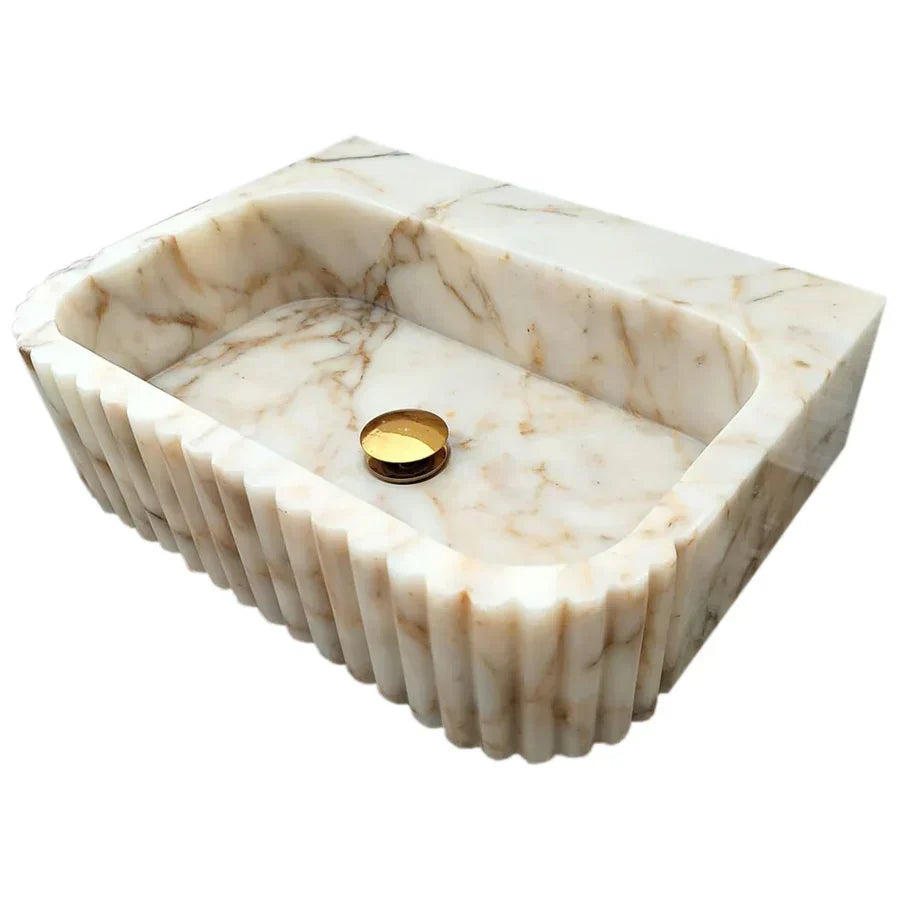 Calacatta Gold Marble Wall Mount Bathroom Vanity Sink Fluted Design 16x20x6
