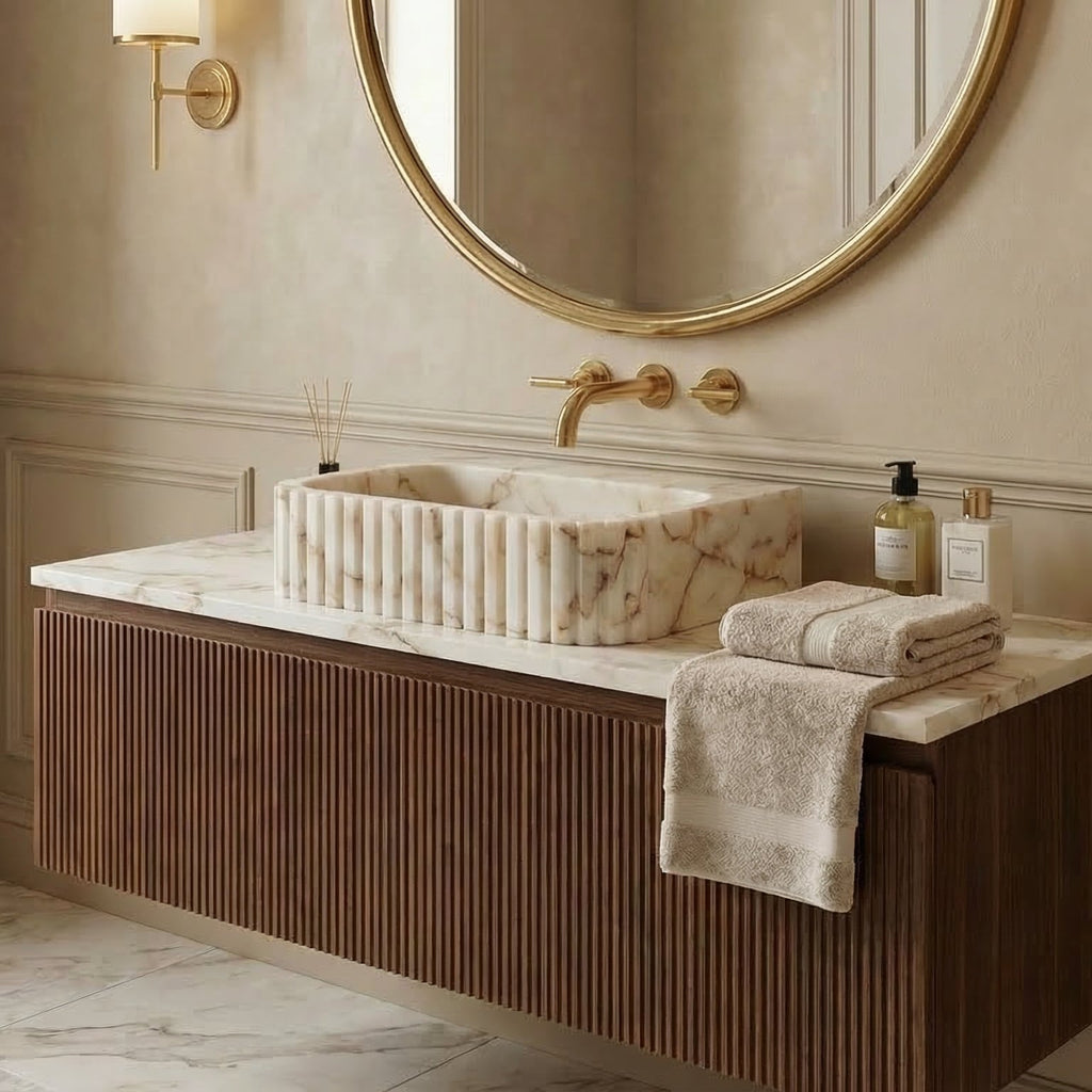 Calacatta Gold Marble Wall Mount Bathroom Vanity Sink Fluted Design 16x20x6