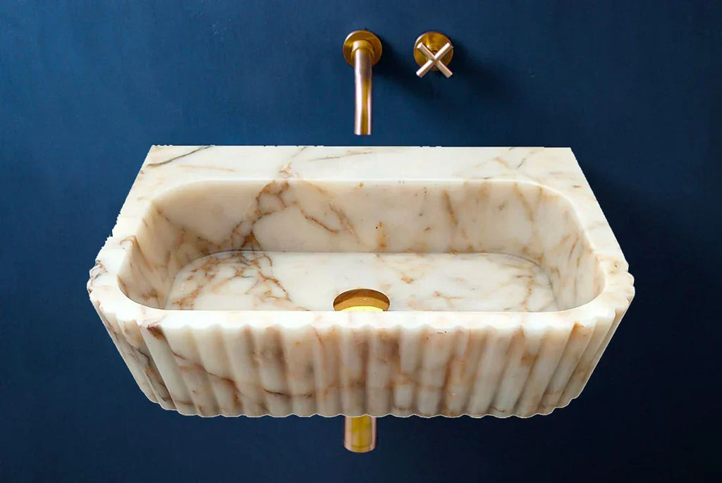 Calacatta Gold Marble Wall Mount Bathroom Vanity Sink Fluted Design 16x20x6
