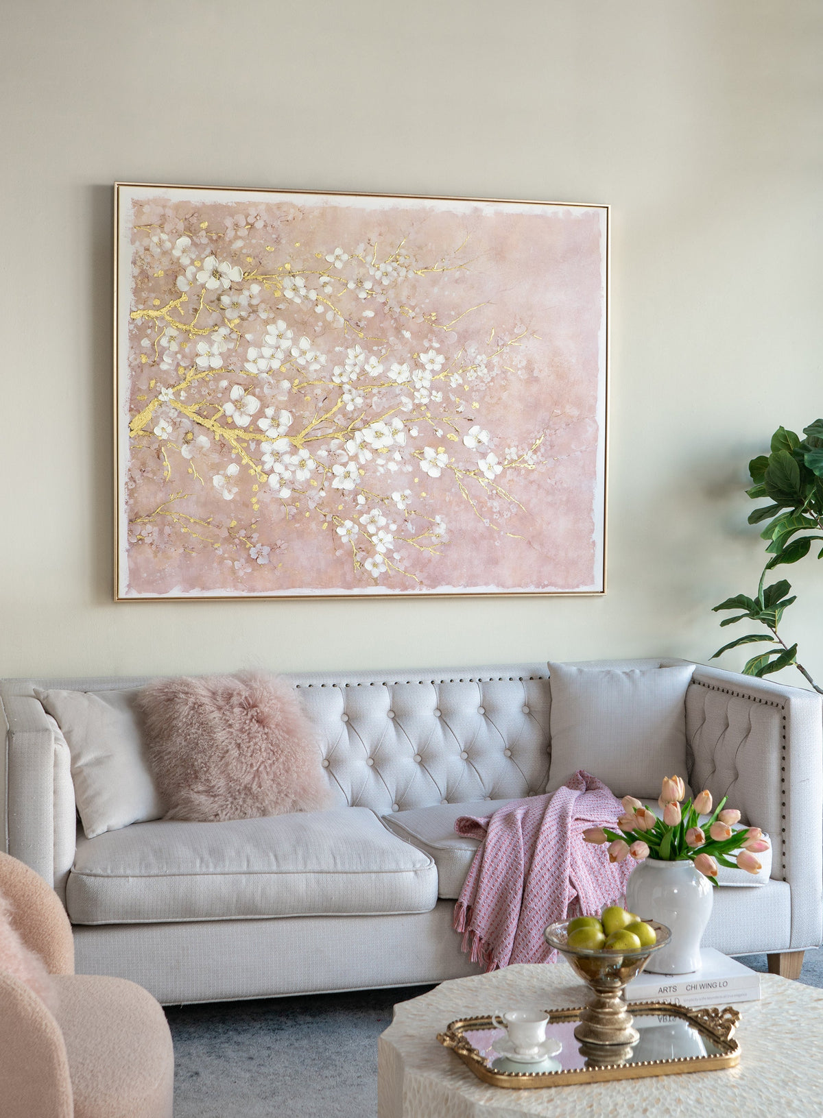 Hand-Painted Cherry Blossom Canvas Wall Art with Subtle Gold Accents - Multicolor
