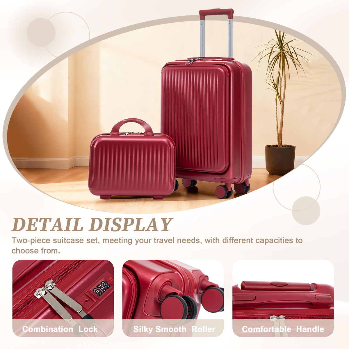 14'/20' 2 pcs ABS Spinner Wheel Luggage Set with Combination Lock and Front Opening Design