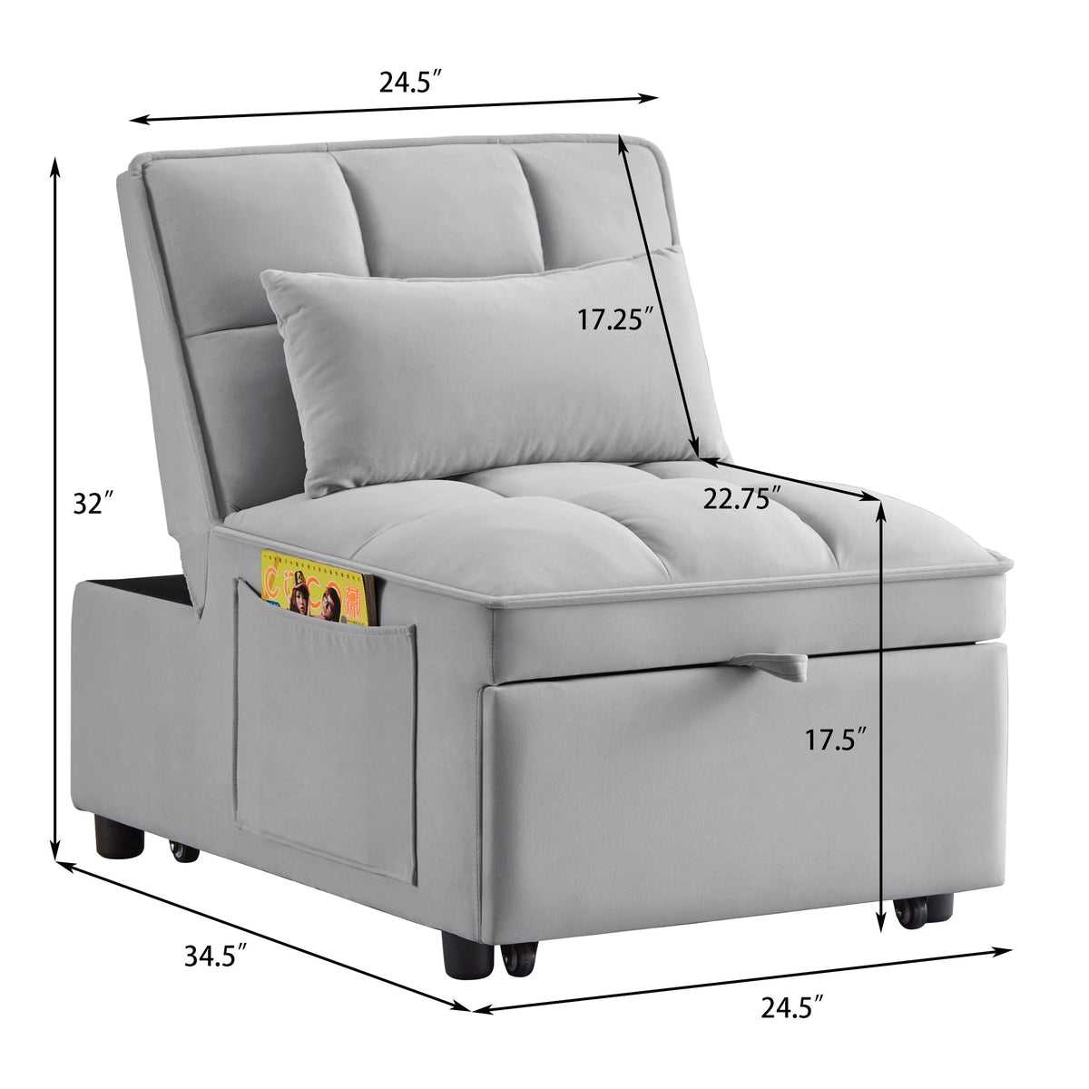4 in 1 Multi-Function Single Sofa Bed with Storage Pockets Gray