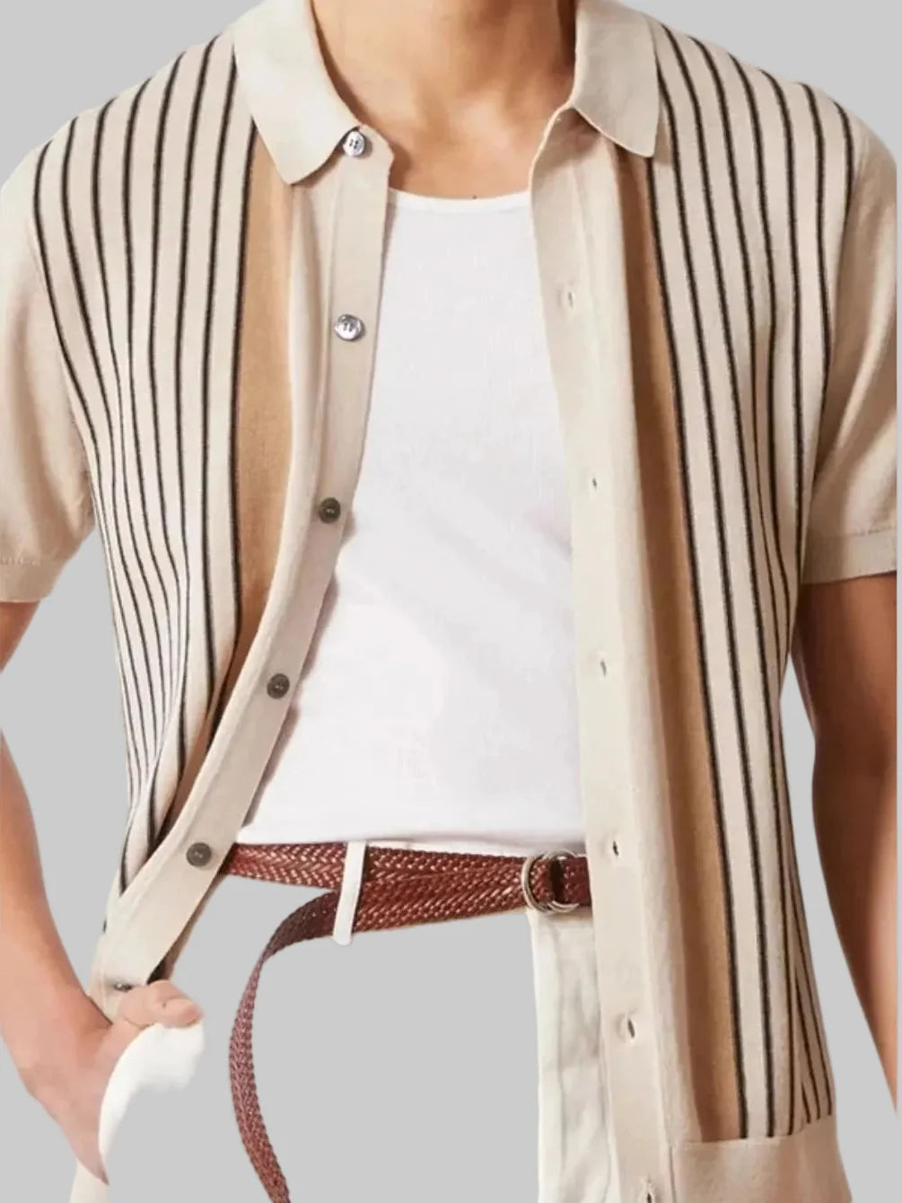 Men's Full Size Striped Button-Up Short Sleeve Shirt
