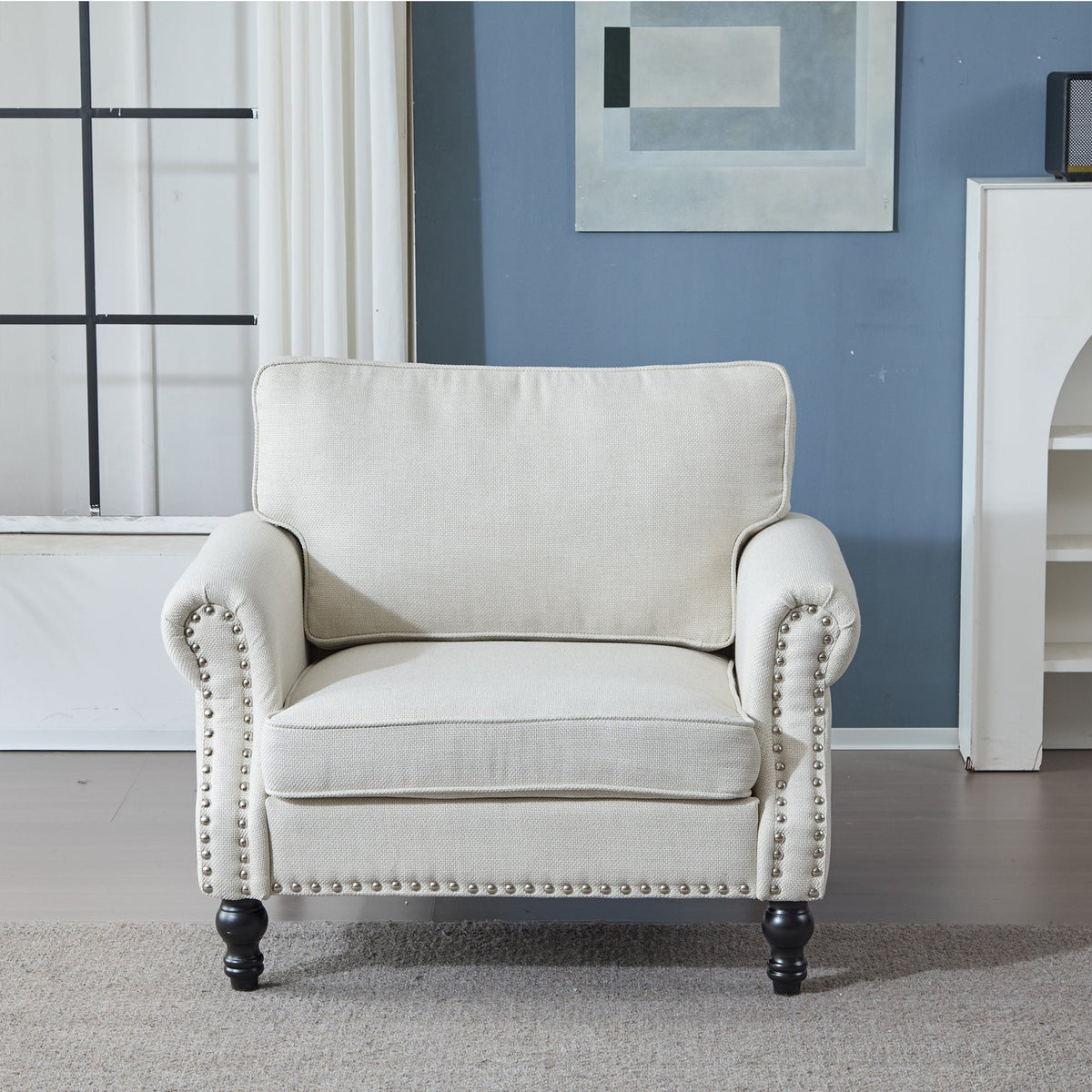 40.16 in Faux Leather Rolled Arm Sofa with Nailhead Trim Beige