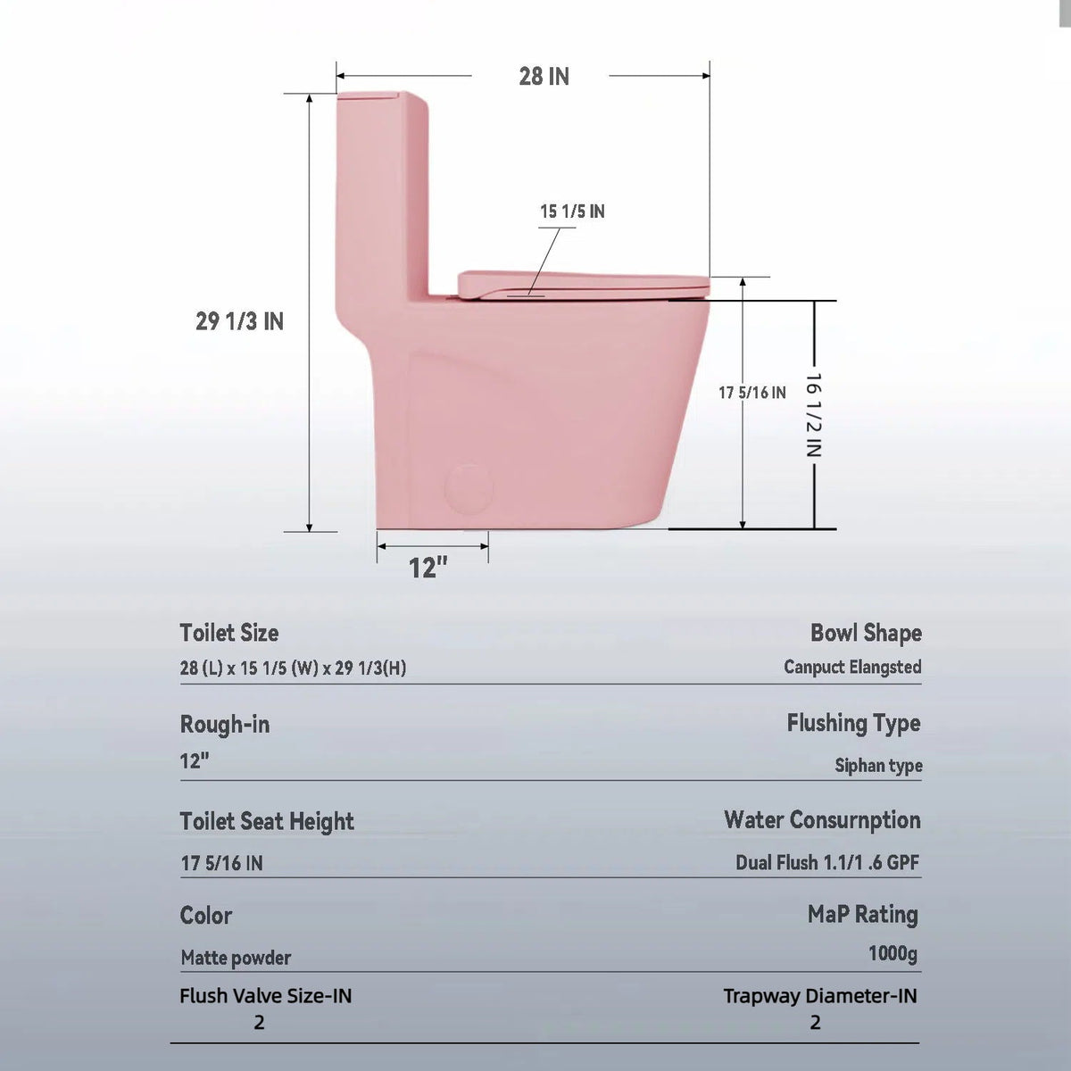 One-Piece Tornado Dual-Flush Toilet with Soft-Close Seat - Gray, Pink or Black