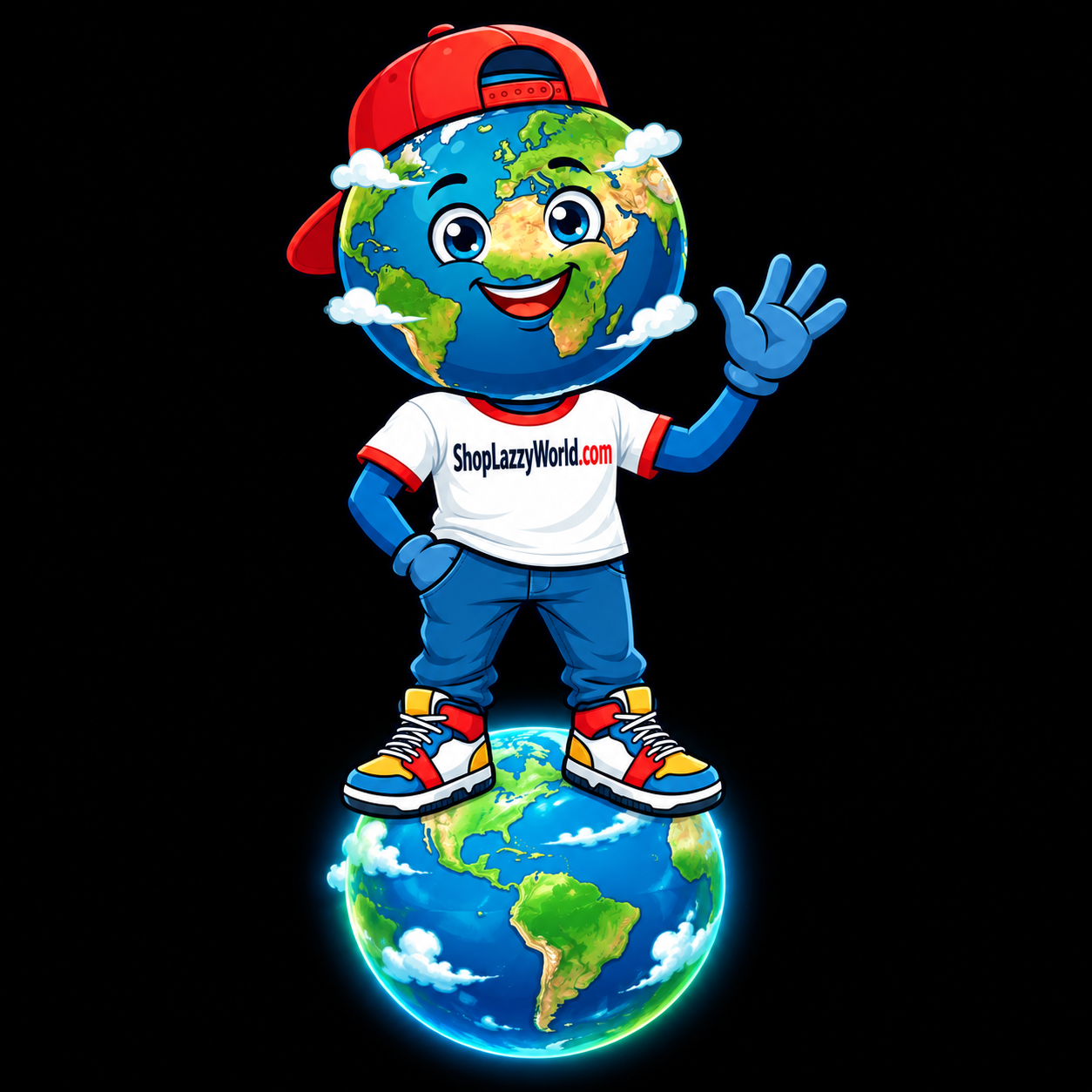 Earth, your friendly cartoon shopping guide in a backwards red cap