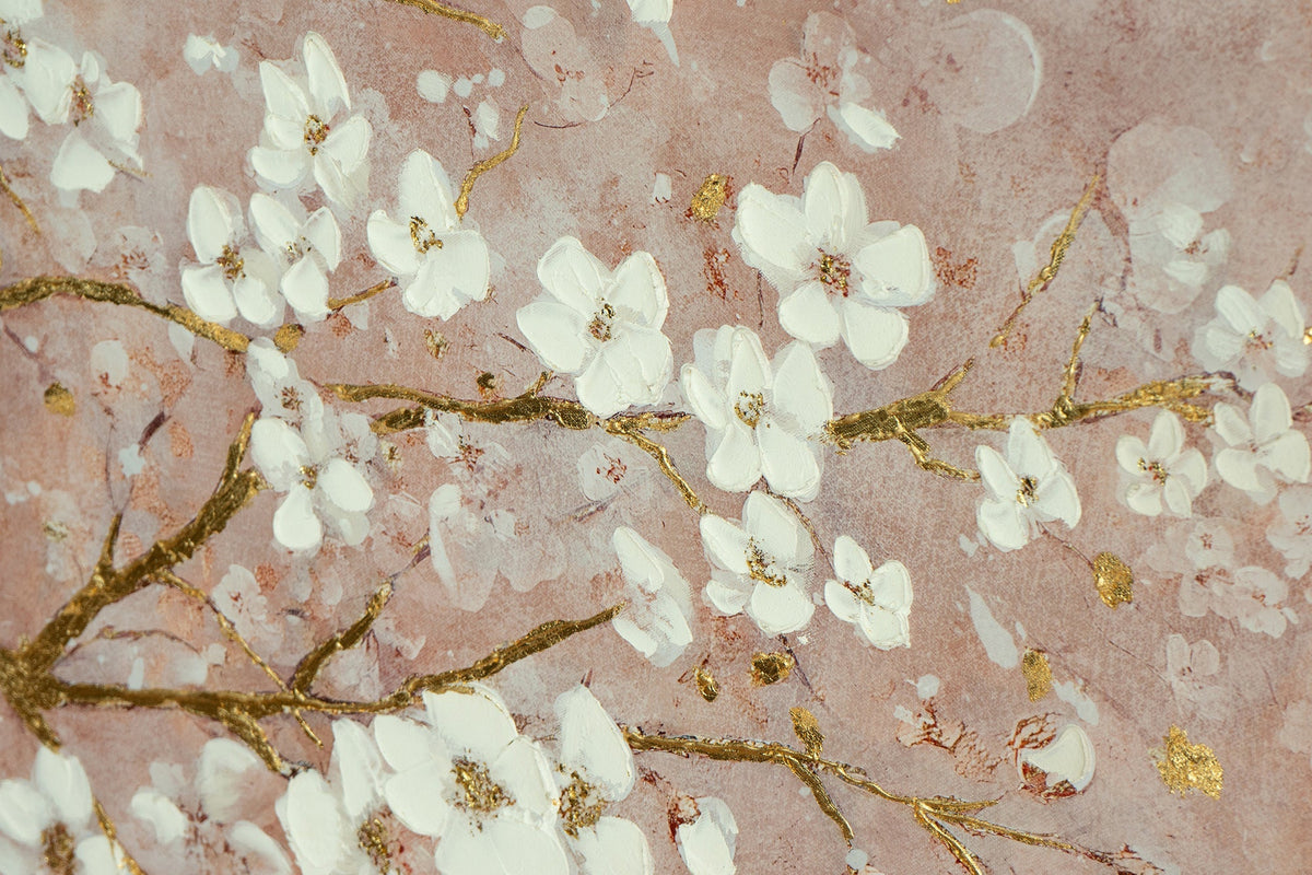 Hand-Painted Cherry Blossom Canvas Wall Art with Subtle Gold Accents - Multicolor