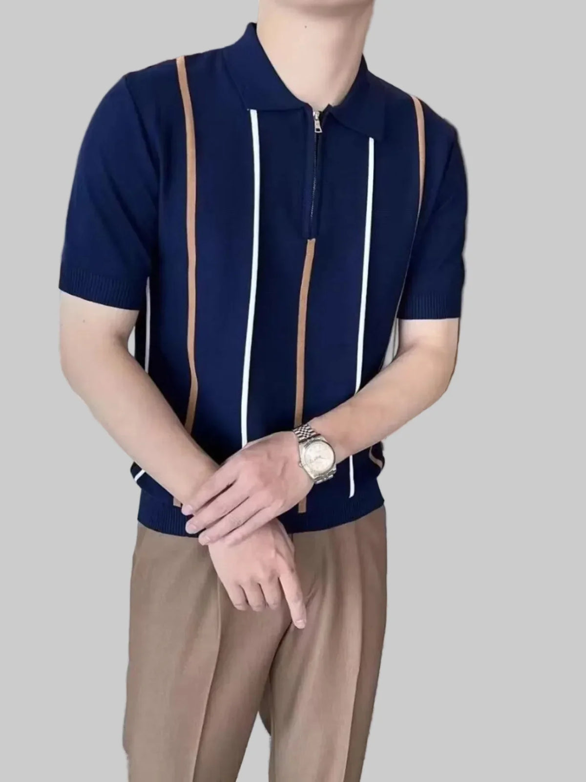 Men's Full Size Striped Zip Collar Short Sleeve Knit Polo Shirt