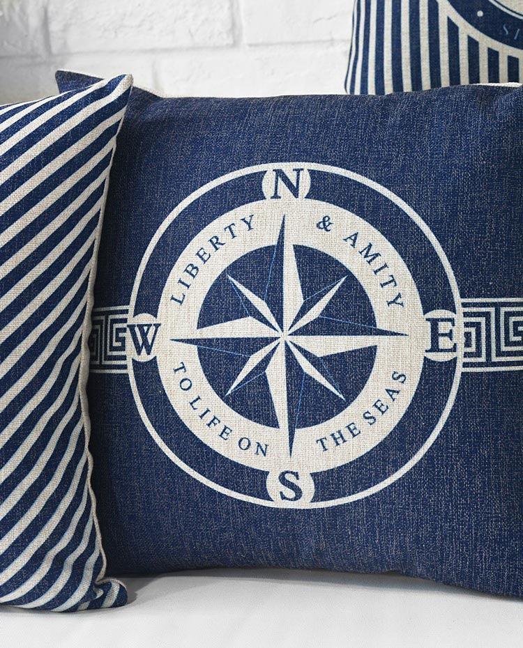 Home Decorative Pillows Mediterranean Pillow Cover Blue Anchor Navigation Compass Sailboat Pillowcase Decorative Cushion Cover For Home Cover Sea Blue Compass Marine Ship Linen Pillow Case Cushion Cover 45x45CM
